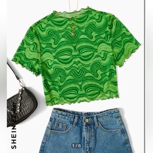 SHEIN Allover Print Lettuce Trim Mesh Top, size small